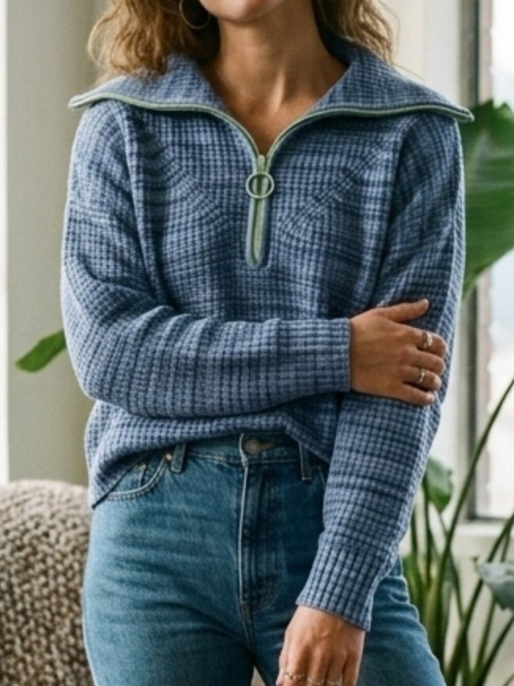 Aerie Space-Dye Blue Quarter Zip Cable Knit Oversized Sweater Size S